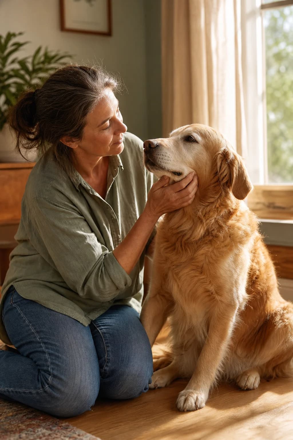 An owner resting a hand on her older golden retriever's chest in warm afternoon light